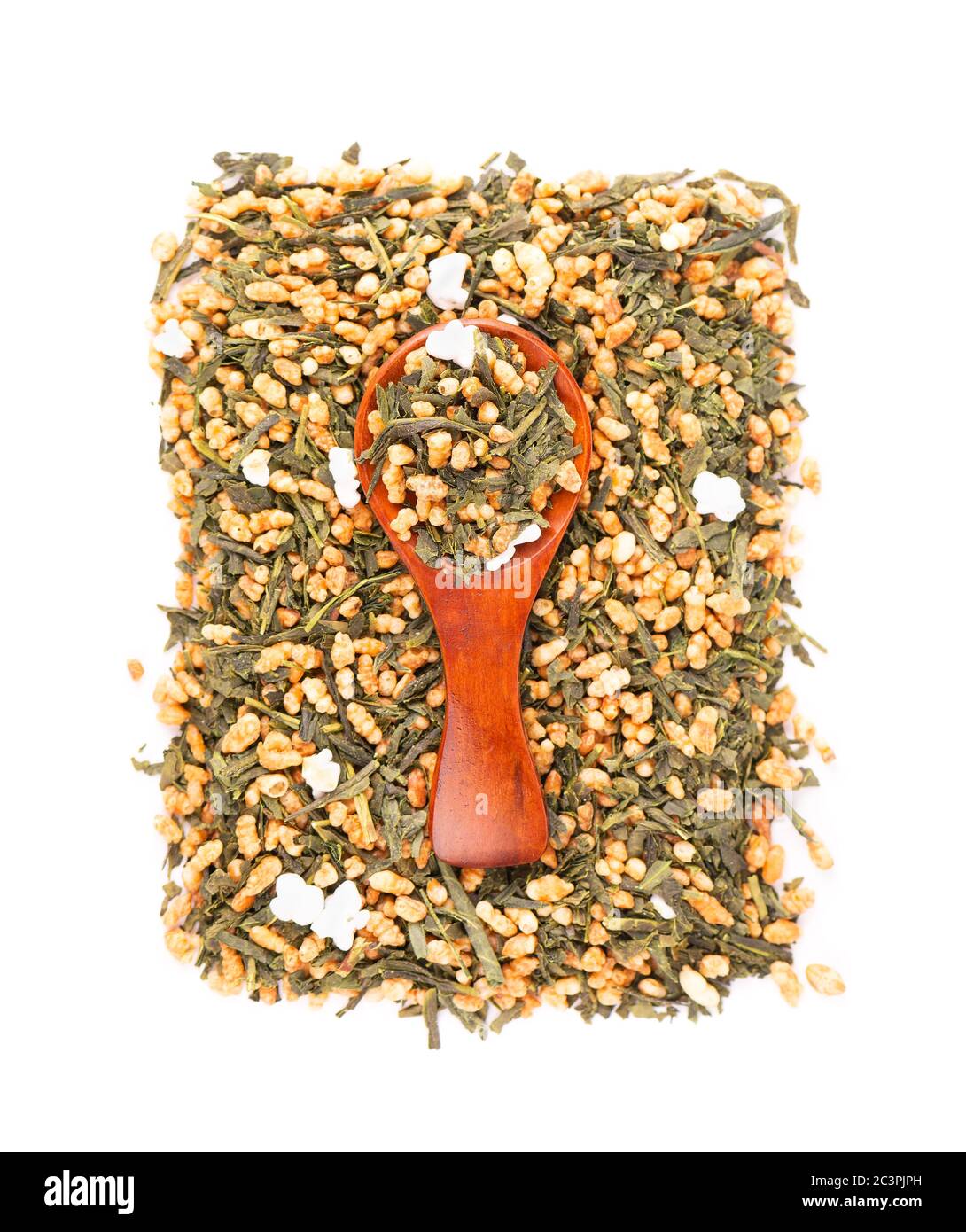 Japanese green tea Genmaicha, isolated on white background. Tea leaves