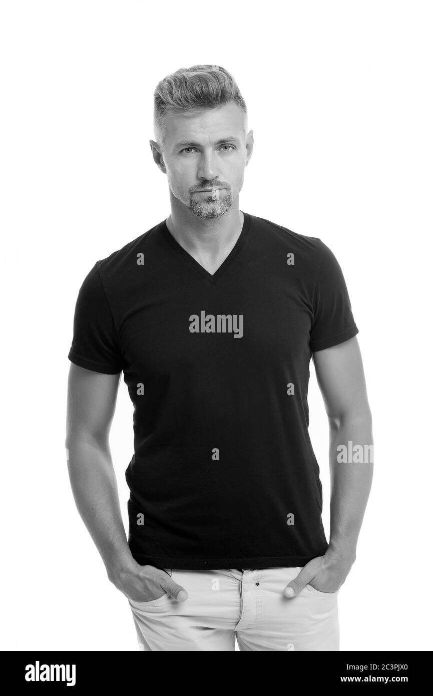 Keep calm. He knows he is attractive. Mature man. Overcome problems. Midlife Crisis. Psychological crisis. Male beauty standards. Mature guy wear black shirt looks stylish. Crisis solution. Stock Photo