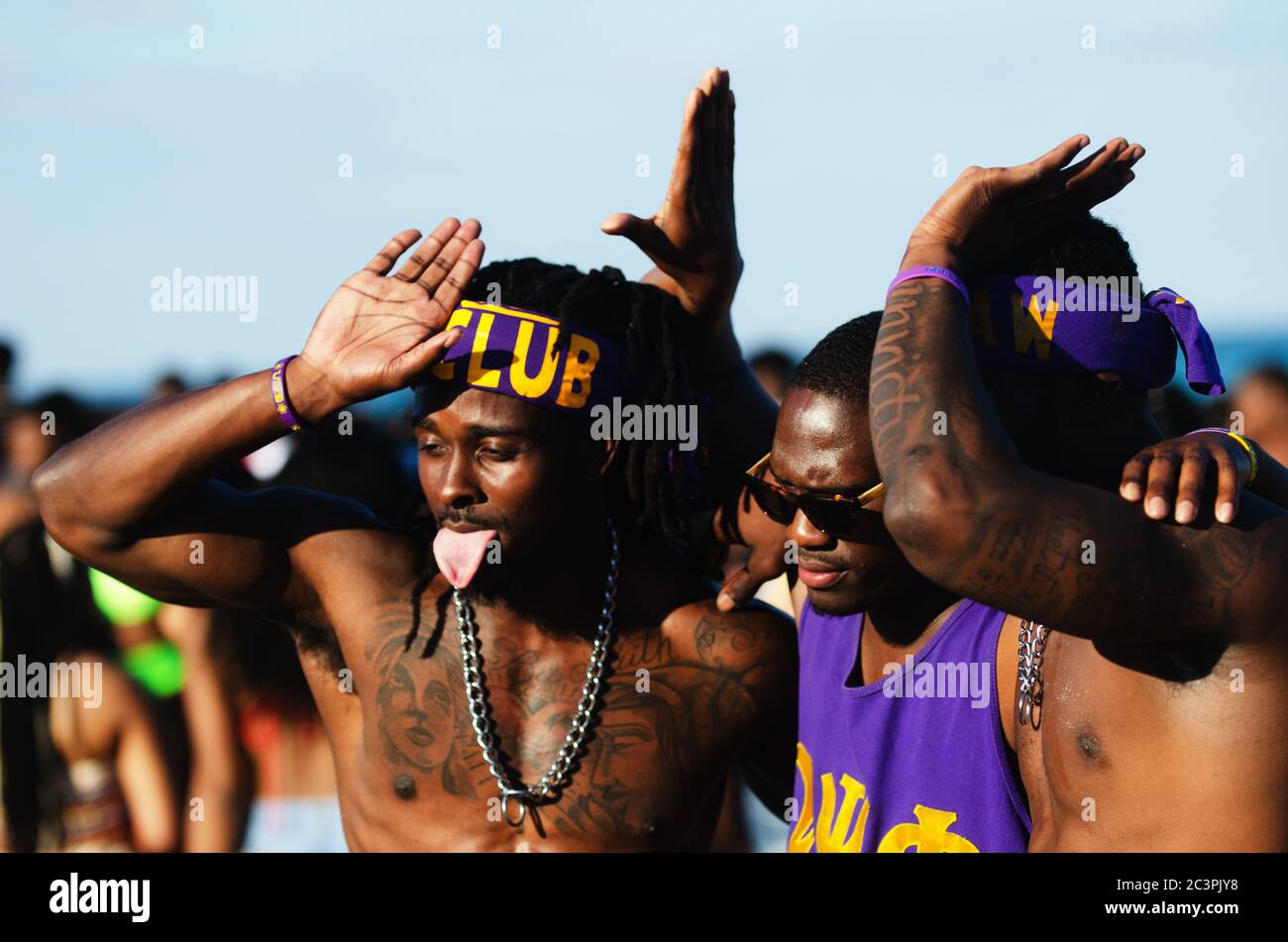 miami march 23 2019 young men from the omega psi phi fraternity pose for a photograph at a spring break party on south beach 2C3PJY8