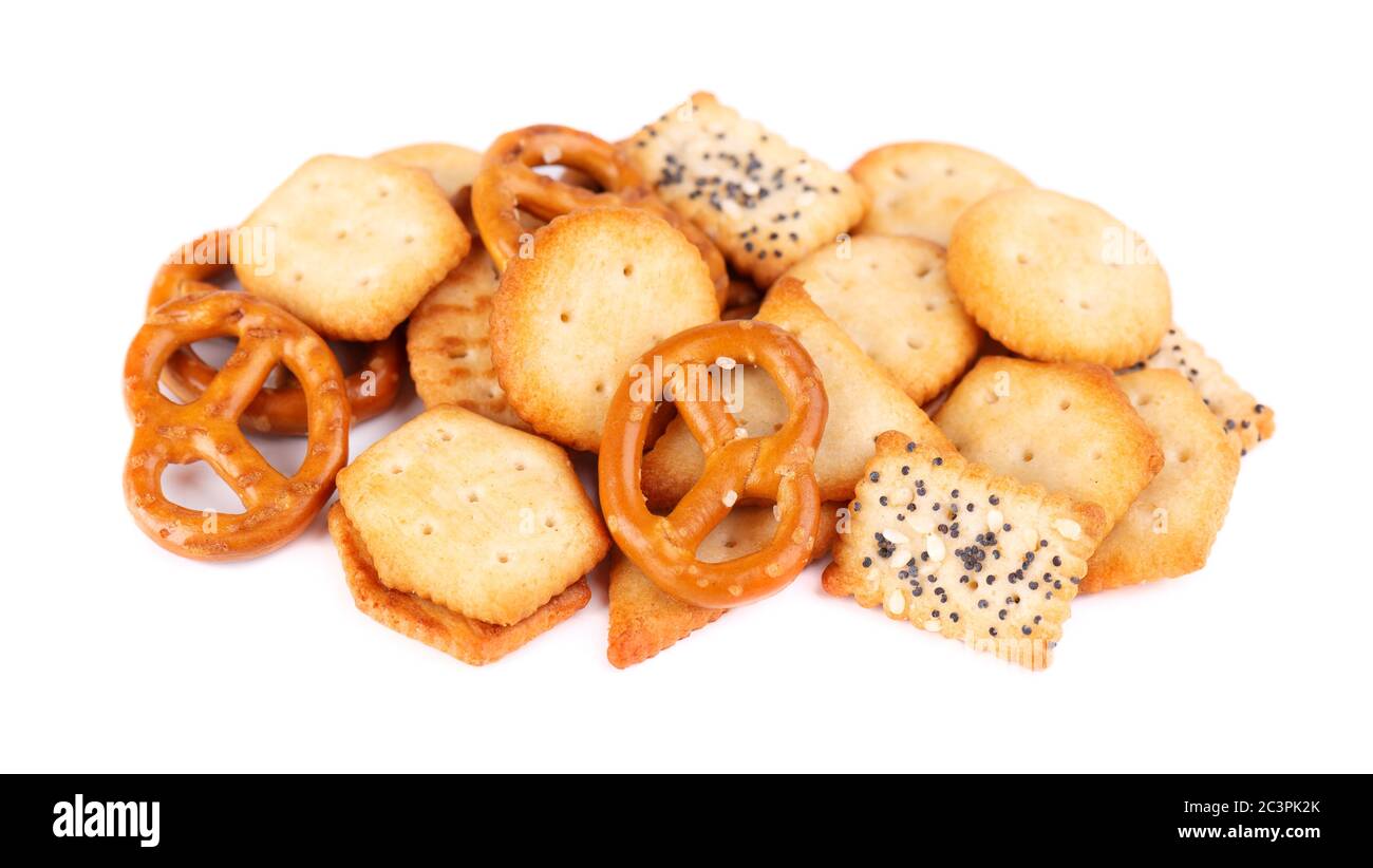 Mix crackers isolated on white background. Dry cracker cookies isolated