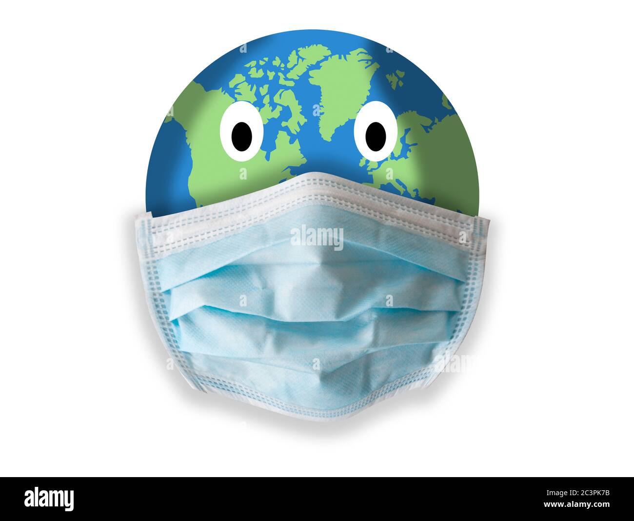 The Earth with medical face mask and eyes. Funny cartoon concept about people all over the world is hit by Coronavirus Covid-19 and are encouraged to Stock Photo