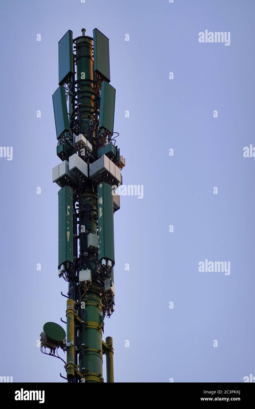 Close up mobile mast – cell site – cell tower – cellular base station Stock Photo