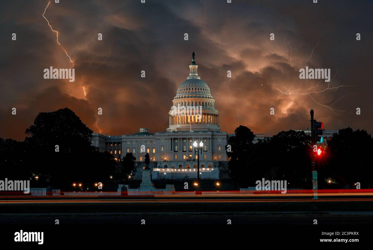 Dramatic clouds on United States Capitol Building in Washington DC USA dark stormy sky with lightnings Stock Photo