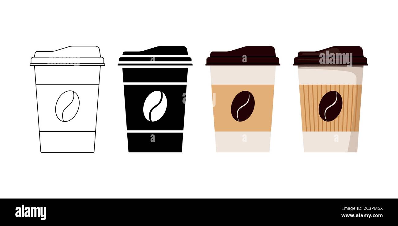 Coffee cup designed coffee grain with lid and kraft holder icon set isolated on white background. Stock Vector