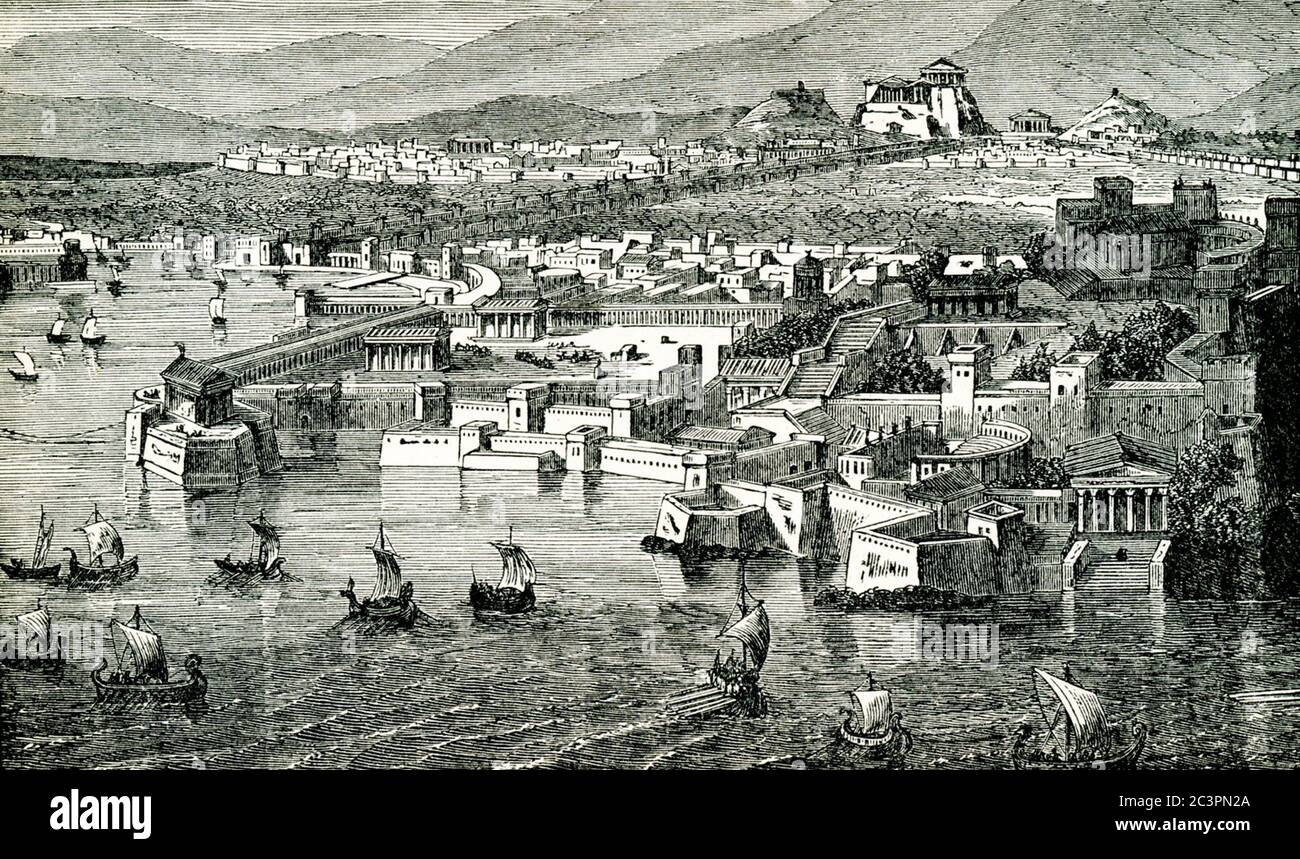 This illustration shows Piraeus, the port of Athens, at the time of the Battle of Salamis. In 480 B.C, the time of the so-called Persian Wars, the Greek fleet decisively defeated the Persians, under King Xerxes, at Salamis, an island in the Gulf of Aegina in eastern Greece. Among the Greek leaders was Themistocles. Stock Photo