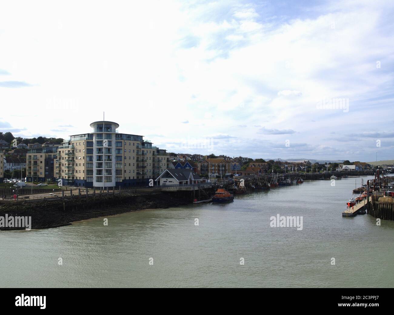 View of marina housing at Newhaven, East Sussex taken from  the Seven Sisters cross channel ferry Stock Photo