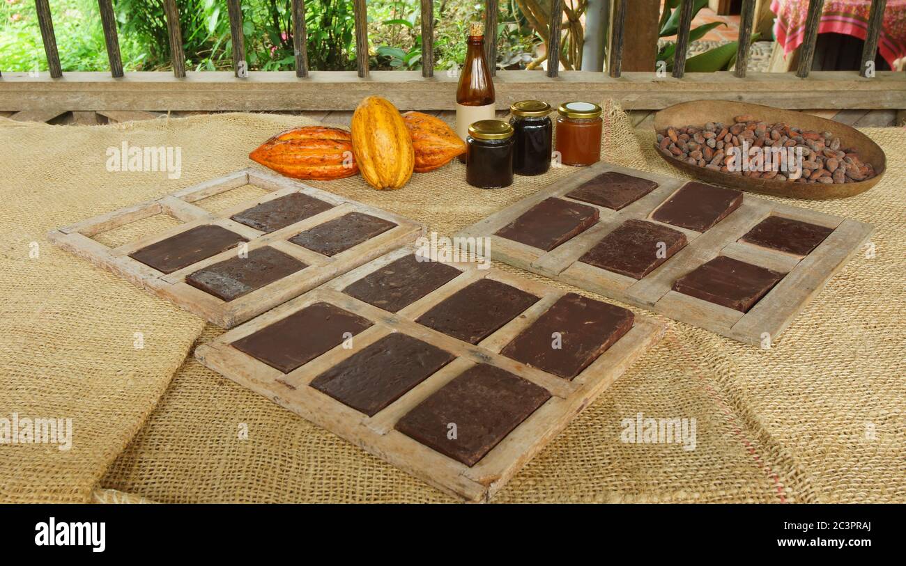 Handmade chocolate blocks inside wooden molds, ripe cocoa fruits and glass jars with cocoa products on a jute covered table Stock Photo