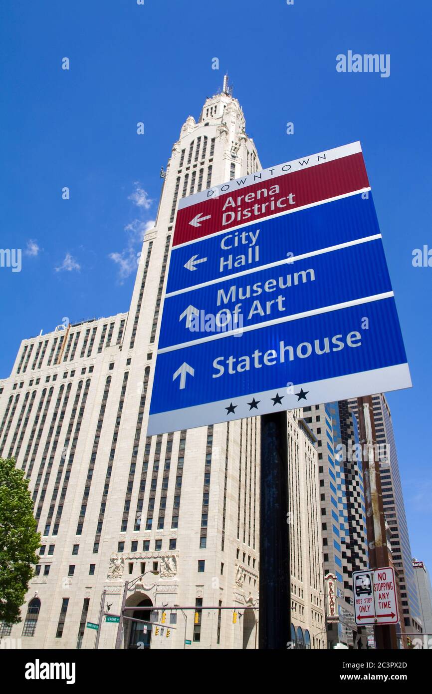 Leveque Tower & road signs,Columbus,Ohio,USA Stock Photo Alamy