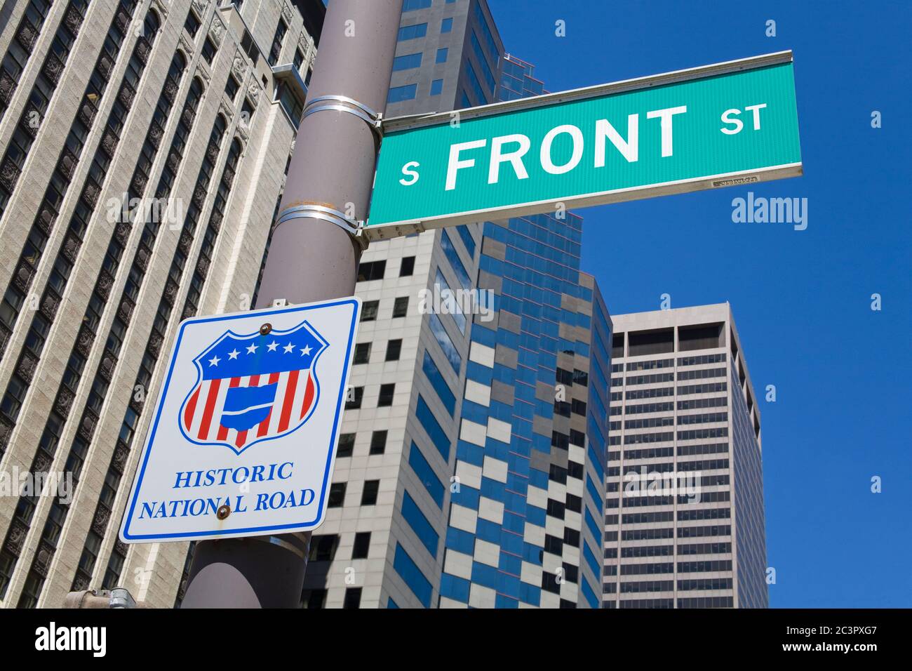 Road signs on Front Street,Columbus,Ohio,USA Stock Photo