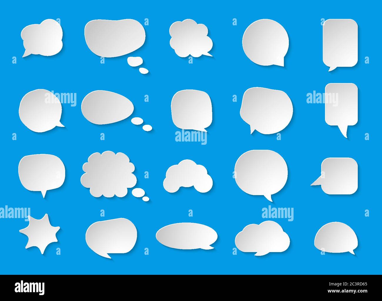 Comic paper cut speech bubble set. Empty text box cloud. Abstract icon different shapes blank doodle bubbles. 3D effect comics message balloon template. Isolated on blue background vector illustration Stock Vector