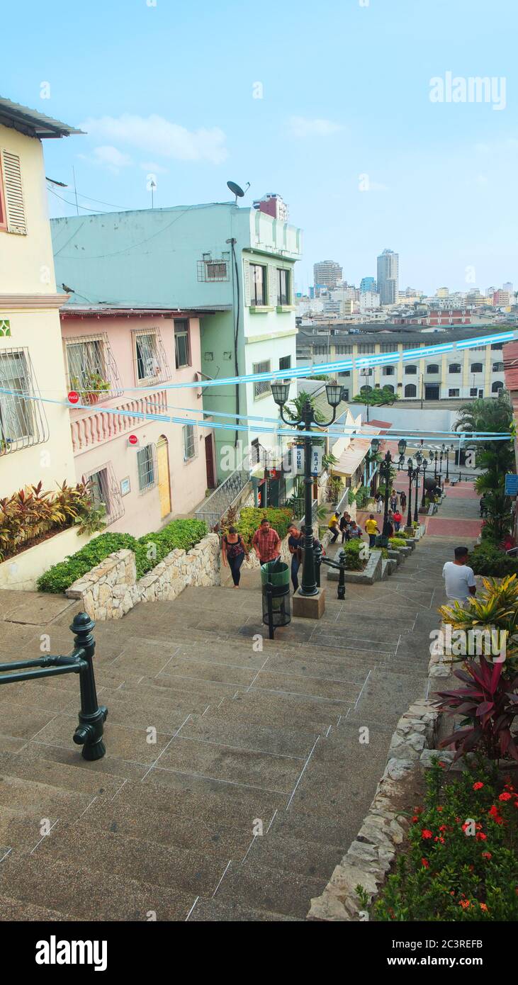 Guayaquil, Guayas / Ecuador - September 4 2016: People walking up the stairs in the neighborhood Las Penas in the downtown of the city. It is known fo Stock Photo