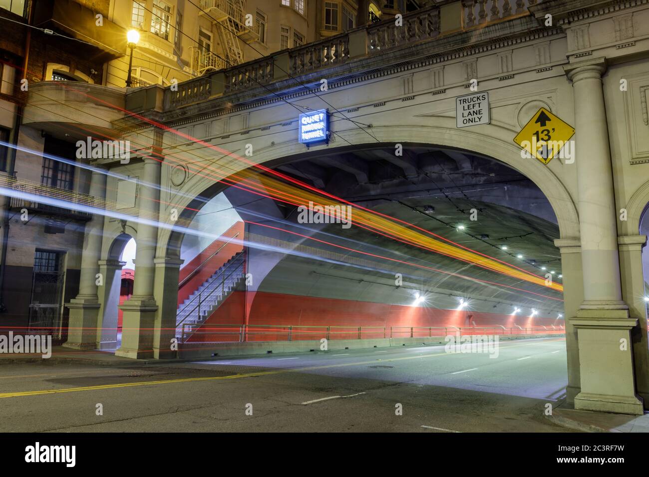 Car Light Trails over Stockton St Tunnel in San Francisco Stock Photo