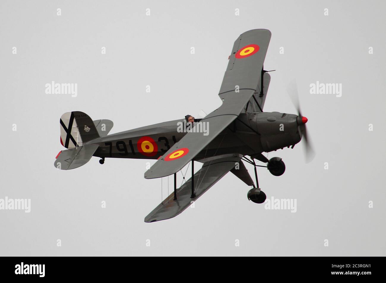 G-CGTX, a privately-owned CASA 1.131E-2000 wearing Spanish Air Force colours, displaying over East Fortune in 2013. Stock Photo