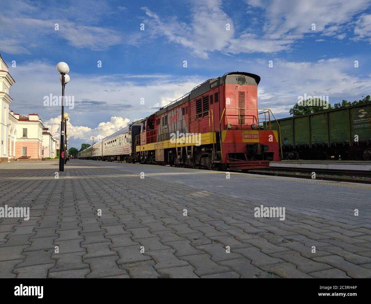 The train on the platform. Russian train. Public transport. Railway.Russia-10.062020 Stock Photo