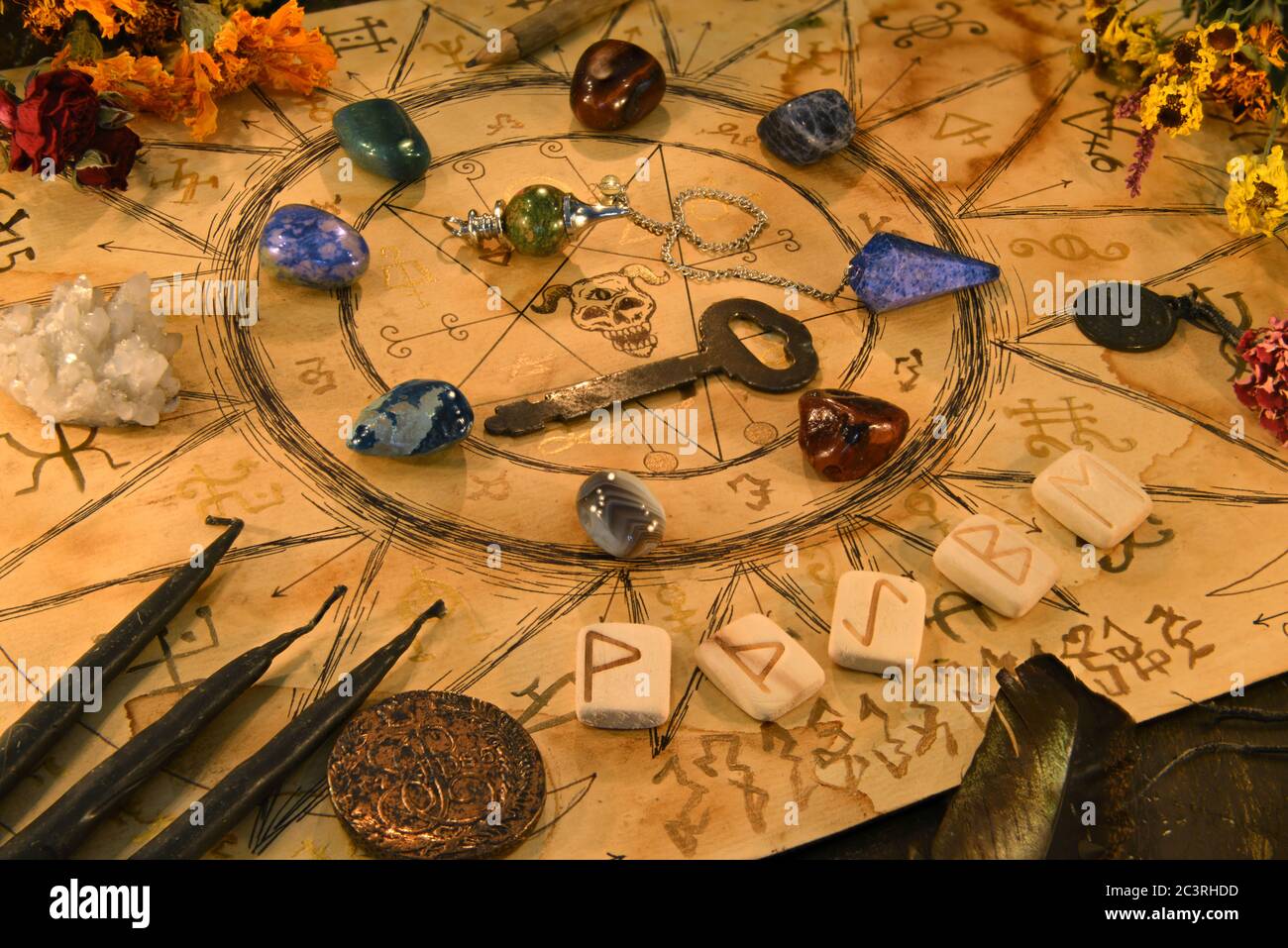 Ouija spiritual board with runes and magic objects on witch table. Esoteric  and occult background with vintage magic objects for mystic rituals. No f  Stock Photo - Alamy