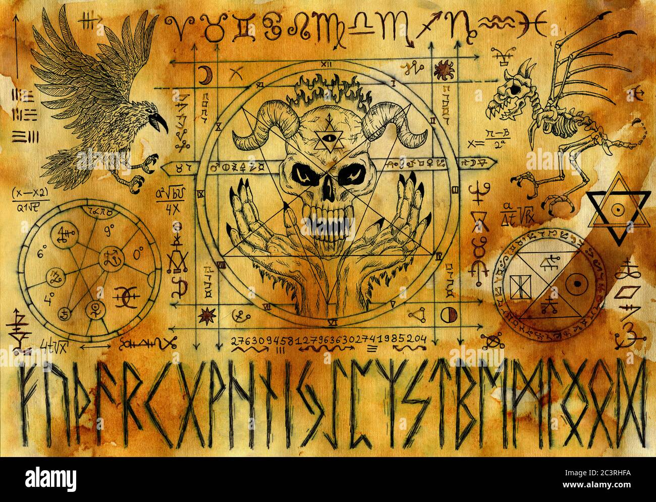 Ouija magic spiritual board design with demon, crow and runes on old paper background. Esoteric, occult and sacred geometry illustration with mystic a Stock Photo