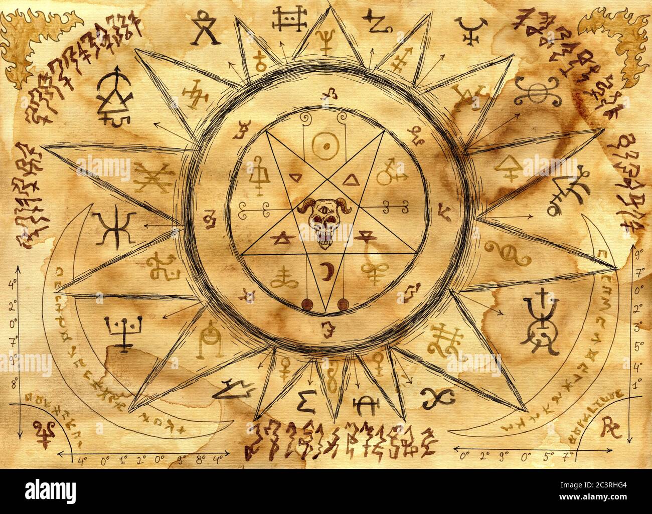 Ouija spiritual board design with alchemy sings and pentacle on old paper background. Esoteric and occult illustration with mystic and gothic symbols. Stock Photo