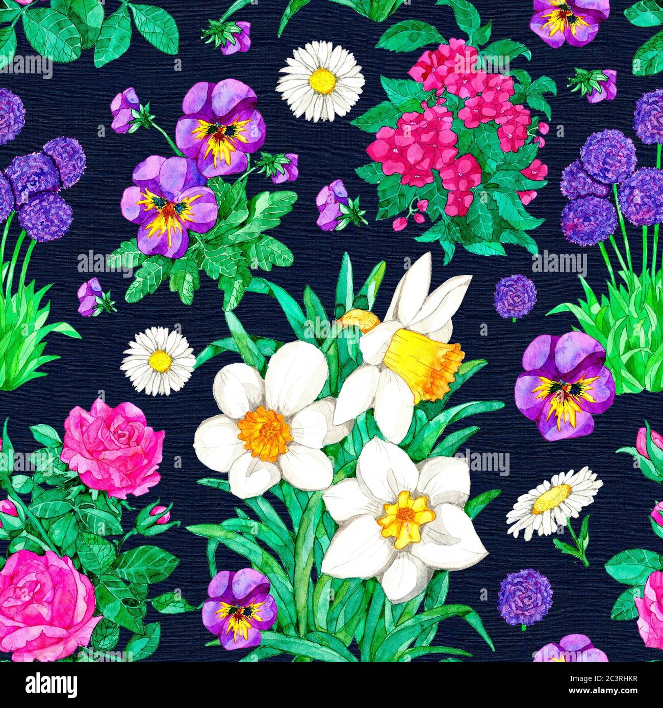 Seamless pattern with Narcissus, pansy, rose, daisy flower on blue background. Watercolor botanical illustration with floral elements for fabric texti Stock Photo