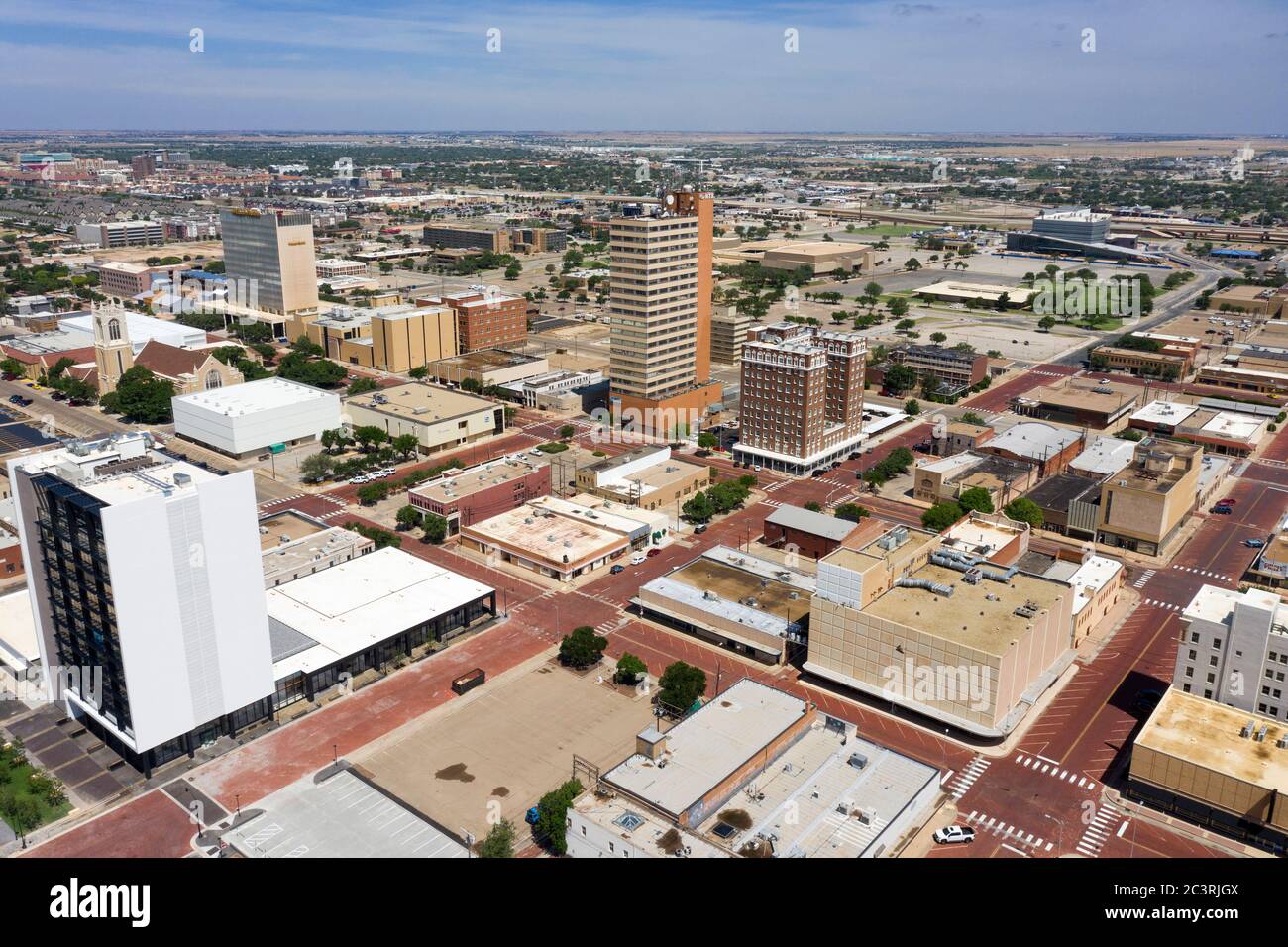 Daytime aerial views above the skyline of downtown Lubbock Texas Stock Daytime aerial views above the skyline of downtown Lubbock Texas Stock
