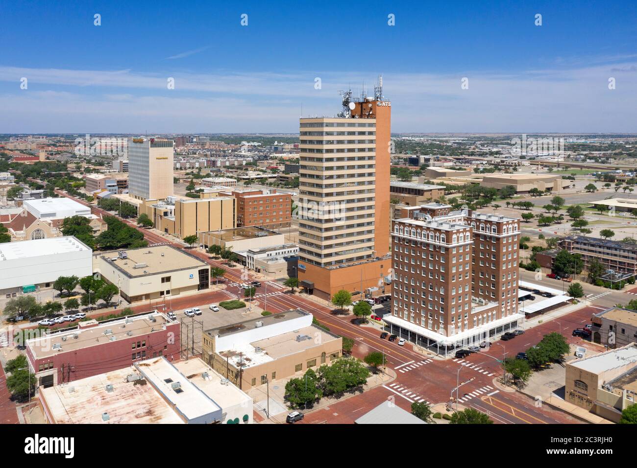 Daytime aerial views above the skyline of downtown Lubbock Texas Stock Daytime aerial views above the skyline of downtown Lubbock Texas Stock