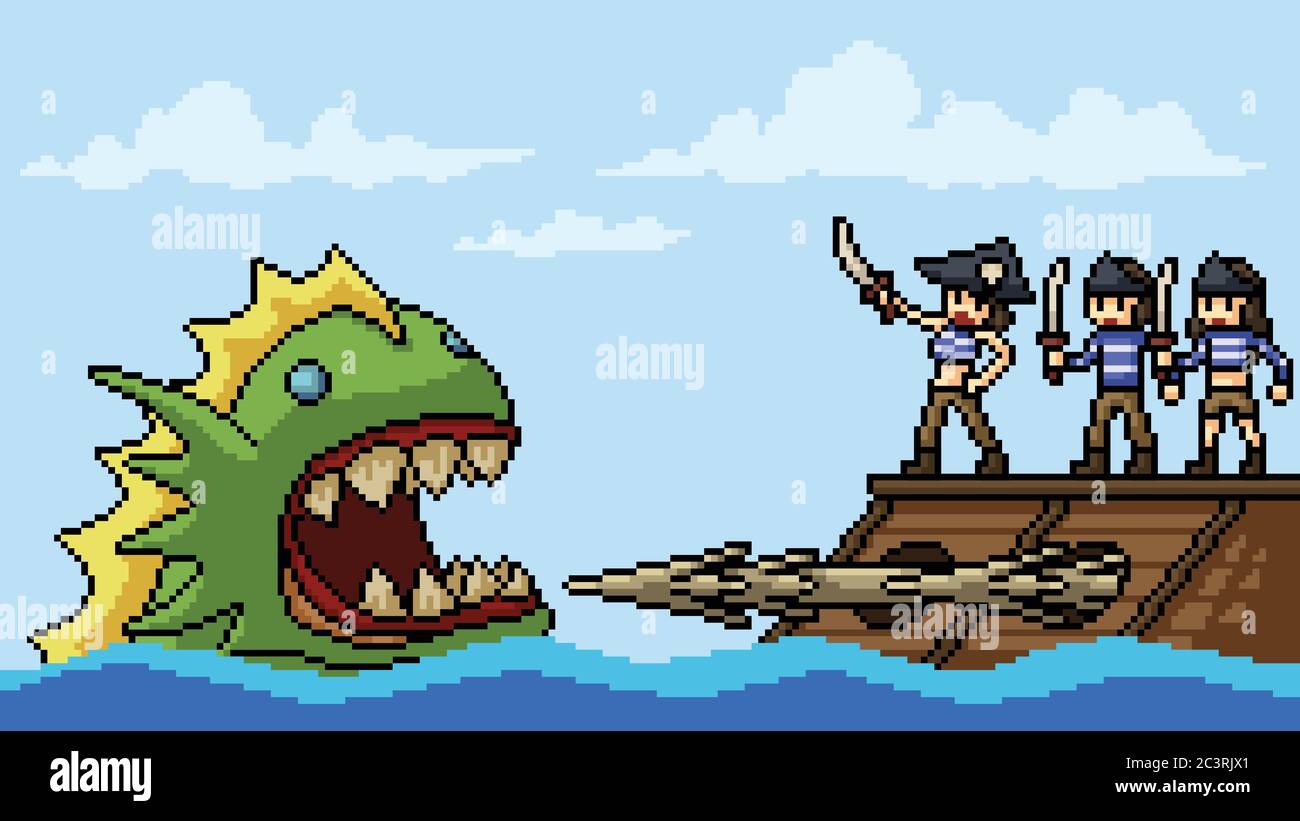 vector pixel art pirate fight monster cartoon scene Stock Vector