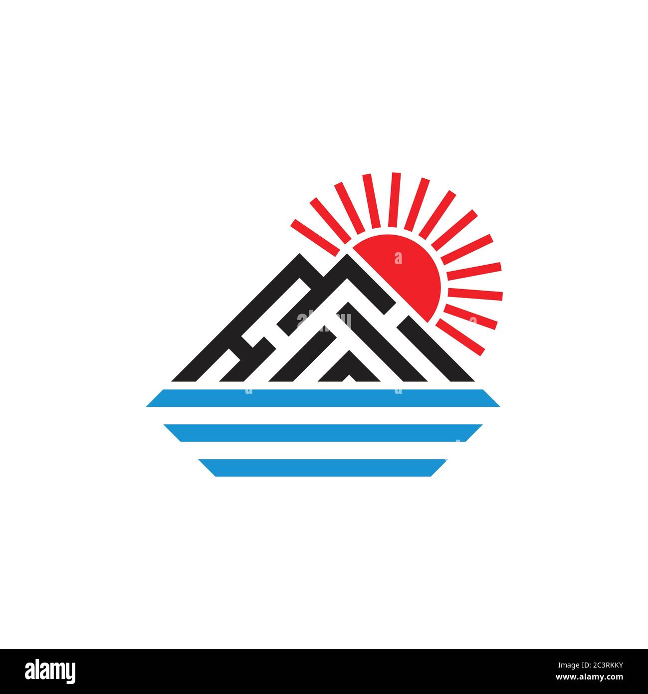mountain sun and sea stripes line art logo vector Stock Vector