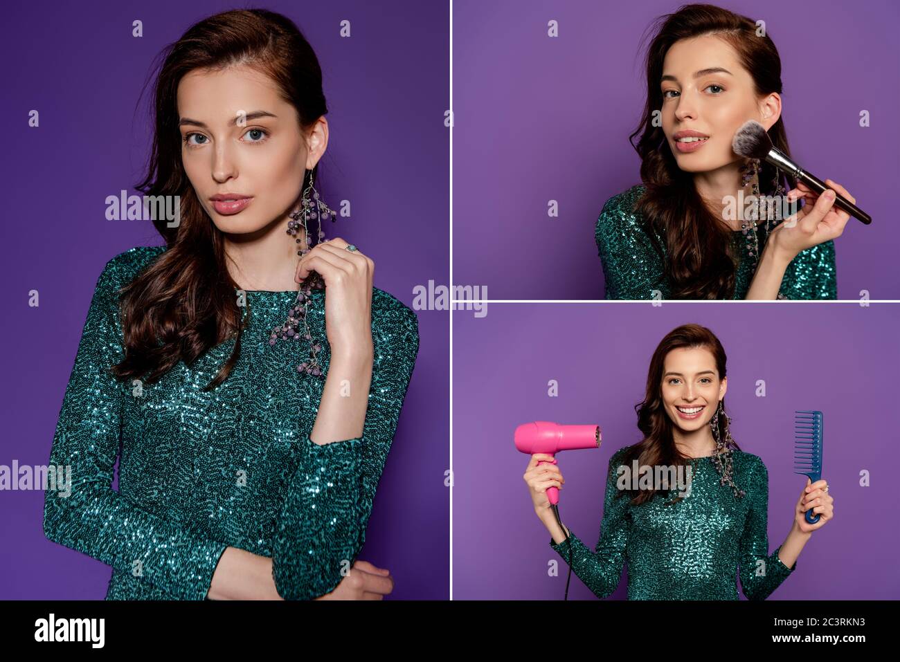 collage of girl holding hair dryer and comb while applying blush on purple Stock Photo