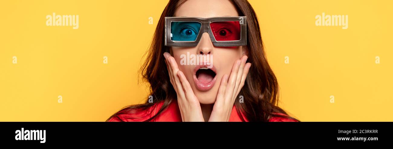 website header of surprised woman in 3d glasses isolated on yellow Stock  Photo - Alamy