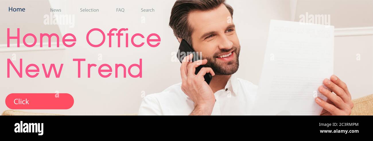 Handsome teleworker smiling while talking on smartphone and holding document, home office new trend illustration Stock Photo