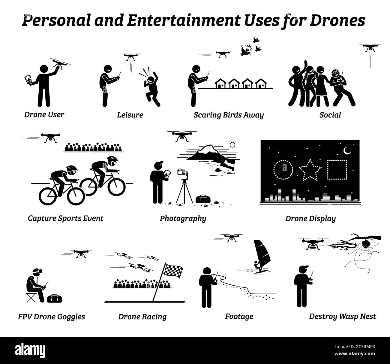 Drone usage and applications for personal and entertainment. Vector icons of drones uses on leisure, social, sports event, photography, record footage Stock Vector