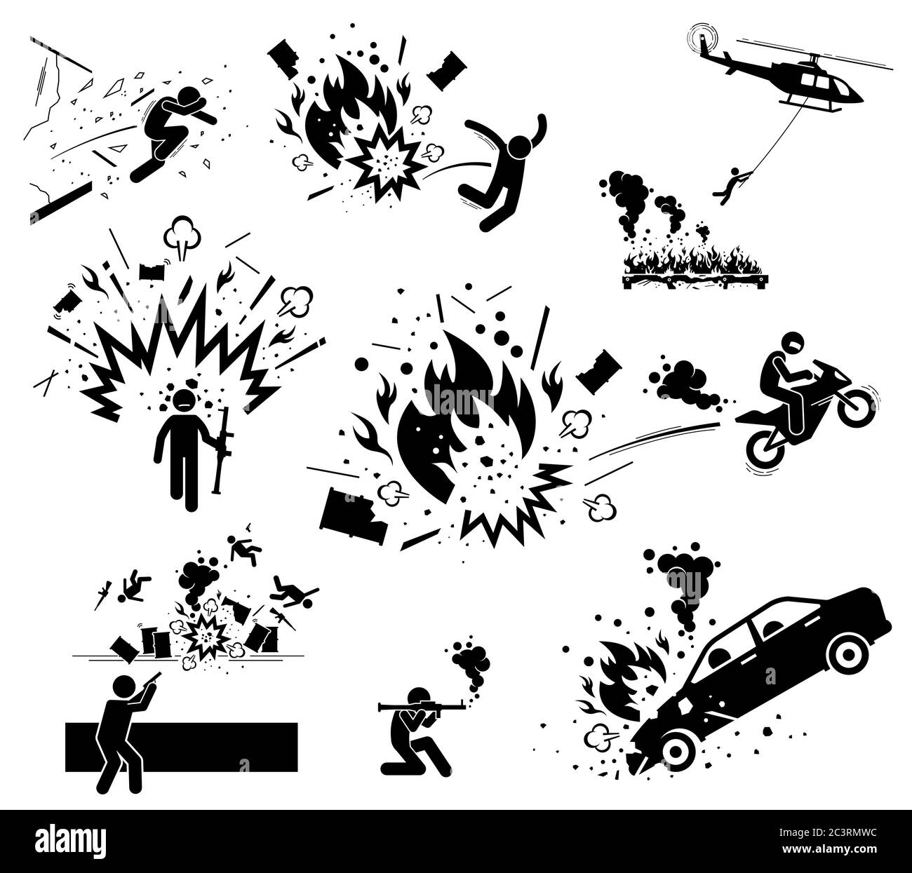 Movie action hero bomb explosion scene. Vector of man escape from bomb explosion with motorcycle, jump away, hang on helicopter, and smash through gla Stock Vector