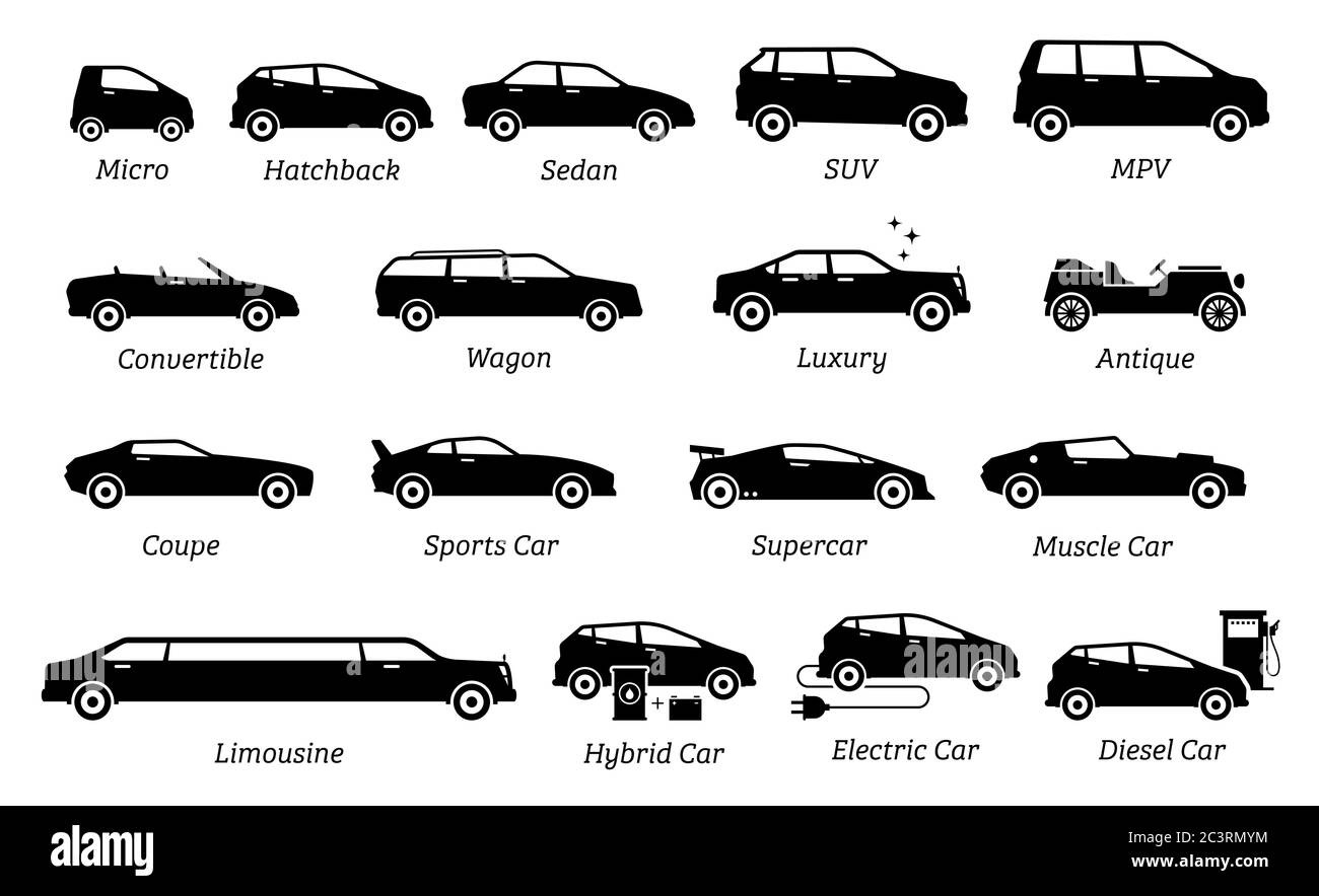 List of different types of car icons. Set icon of cars, transportation, vehicles from different segments and types in simple silhouette black pictogra Stock Vector