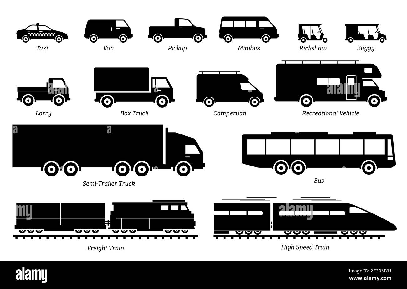 List of commercial landed vehicles transportation icons. Illustrations artwork depict land transport for commercial  work. These are taxi, van, pickup Stock Vector