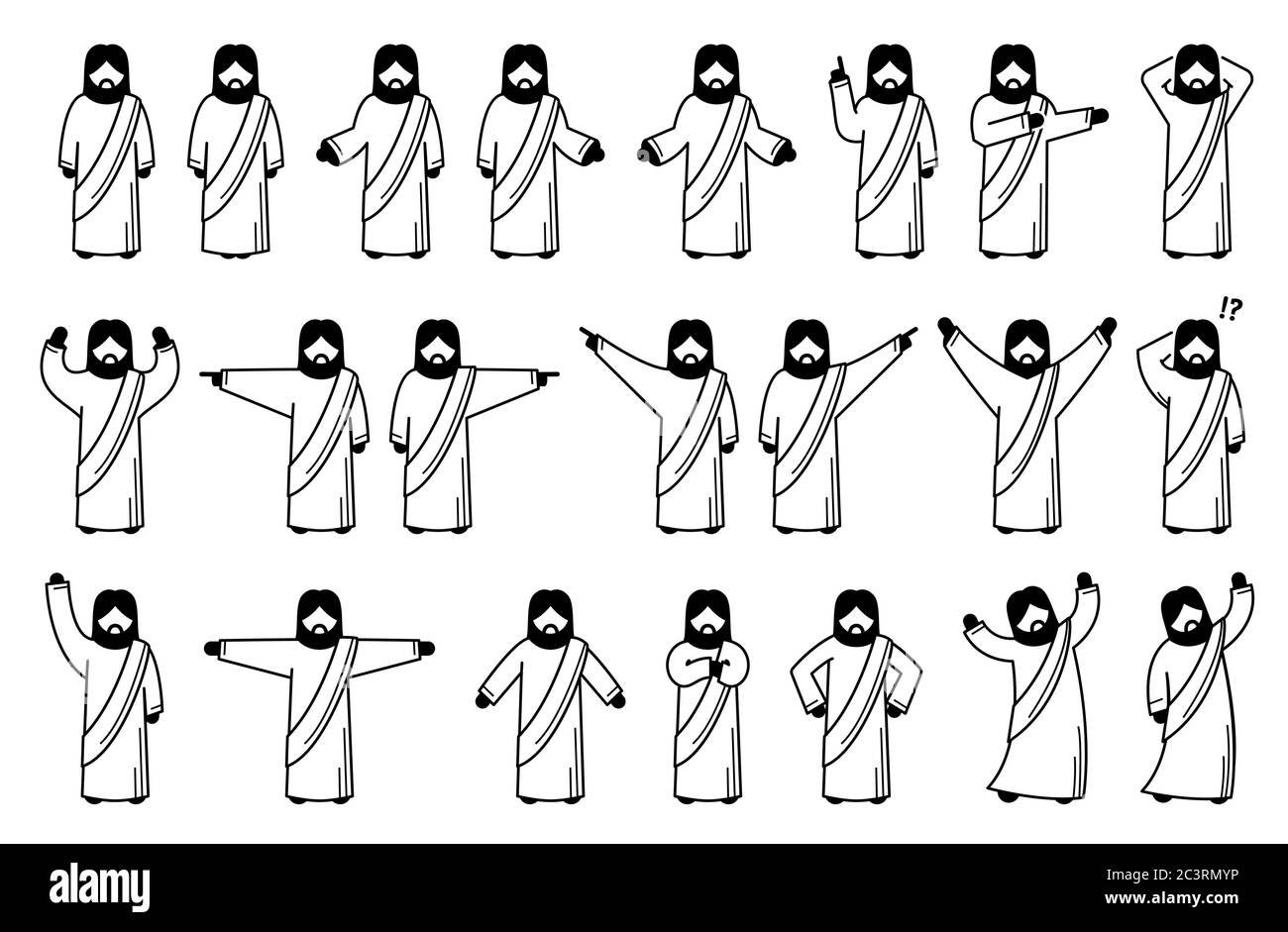 Jesus Christ basic standing postures, poses, and actions. Stick figure pictogram of Jesus Christ with different gestures, emotions, and expressions, a Stock Vector