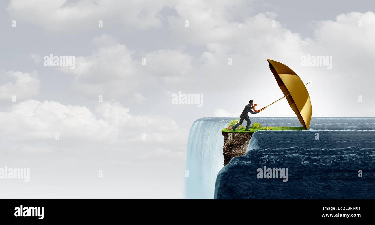 Crisis management and concept of business security strategy as a person managing a problem to find sanctuary with 3D illustration elements. Stock Photo