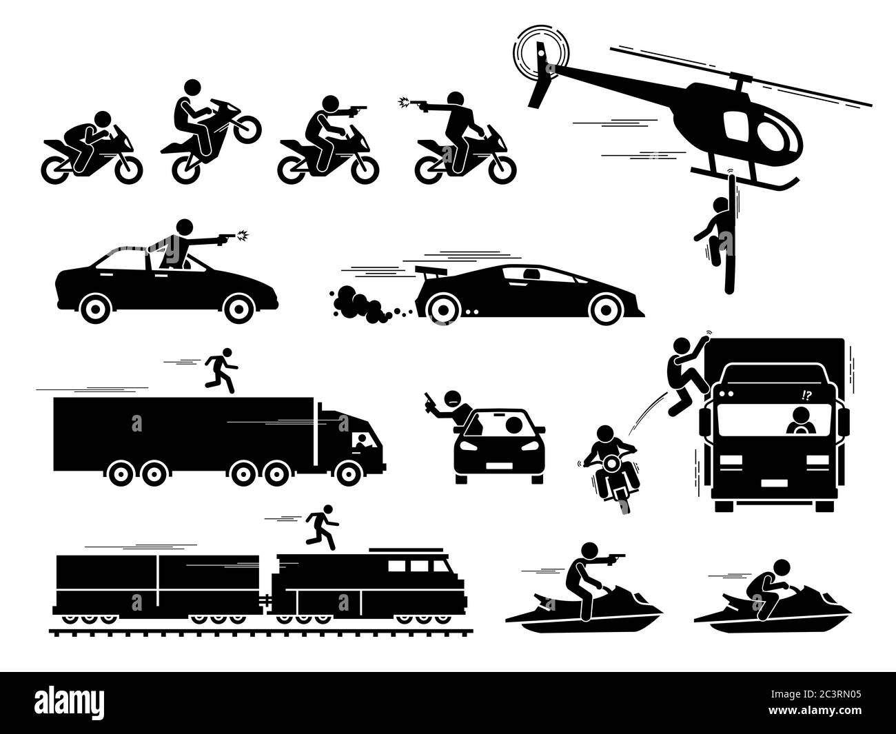 Movie action hero car motorcycle chase scene. Vector of people chasing and shooting with gun at car, motorcycle, and jet ski. Stunt man hanging on hel Stock Vector