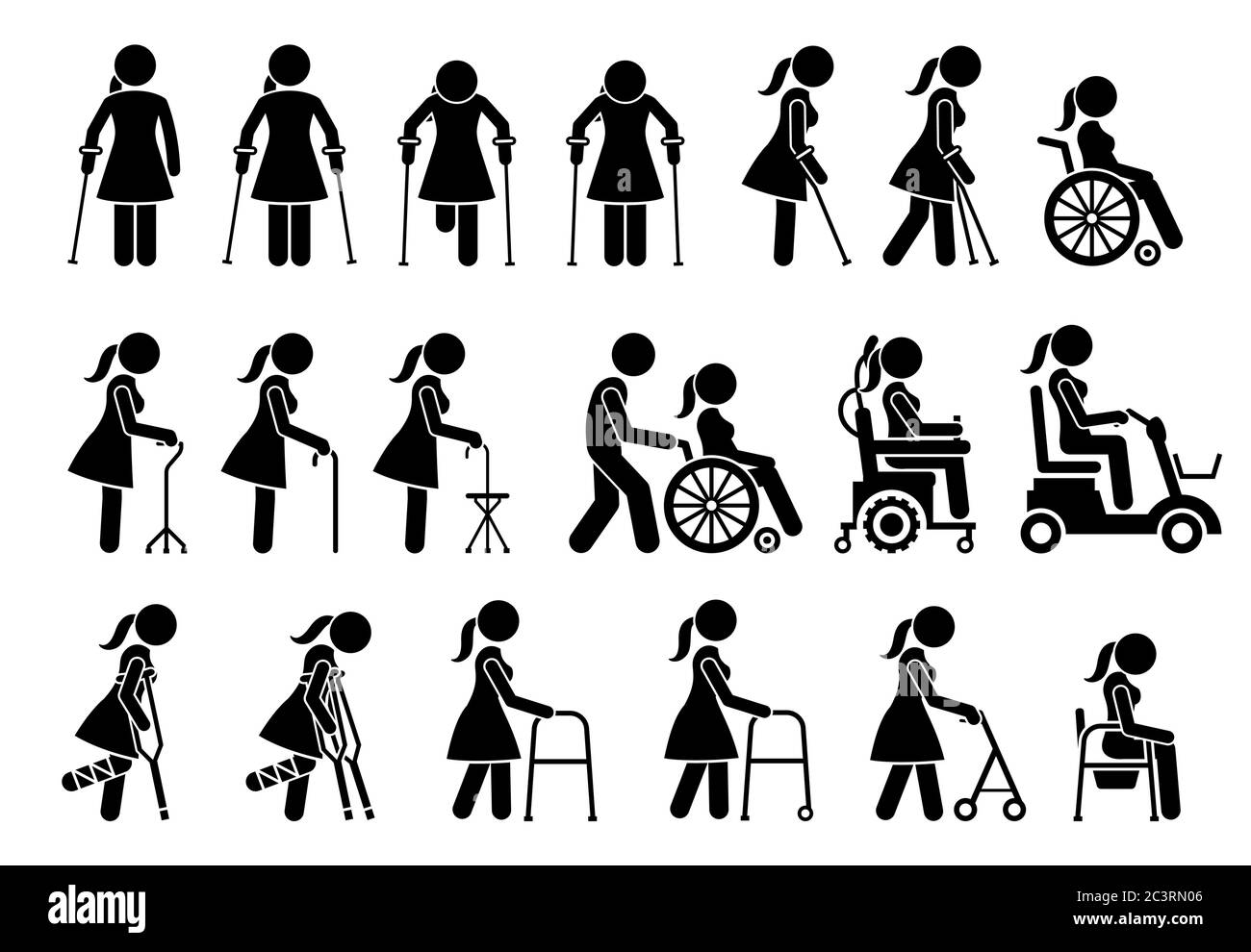 Mobility aids medical tools and equipment stick figure pictogram icons. Artwork signs symbols depicts woman walking with crutches, wheelchair, cane, e Stock Vector