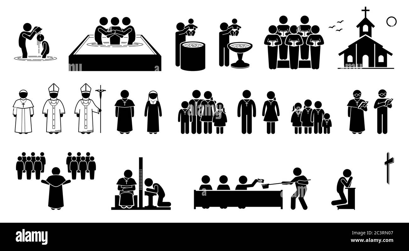 Christian religion practices and activities in church stick figures icons. Vector artwork of pope, priest, pastor, nun, and Christians followers. Clip Stock Vector