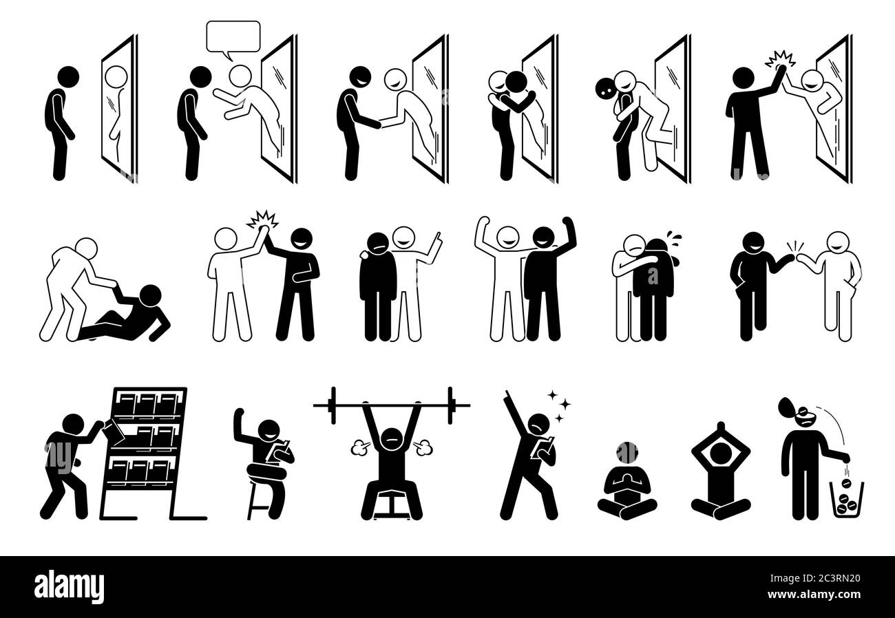 Self help metaphor in stick figure pictogram icons. Vector illustration concept of a person helping himself by reading self help book. The person in t Stock Vector