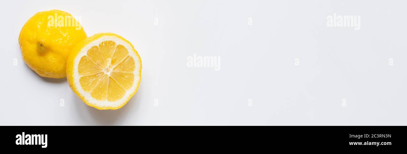 Horizontal Lemon top view of fresh cut lemon on white background, horizontal image Stock ...