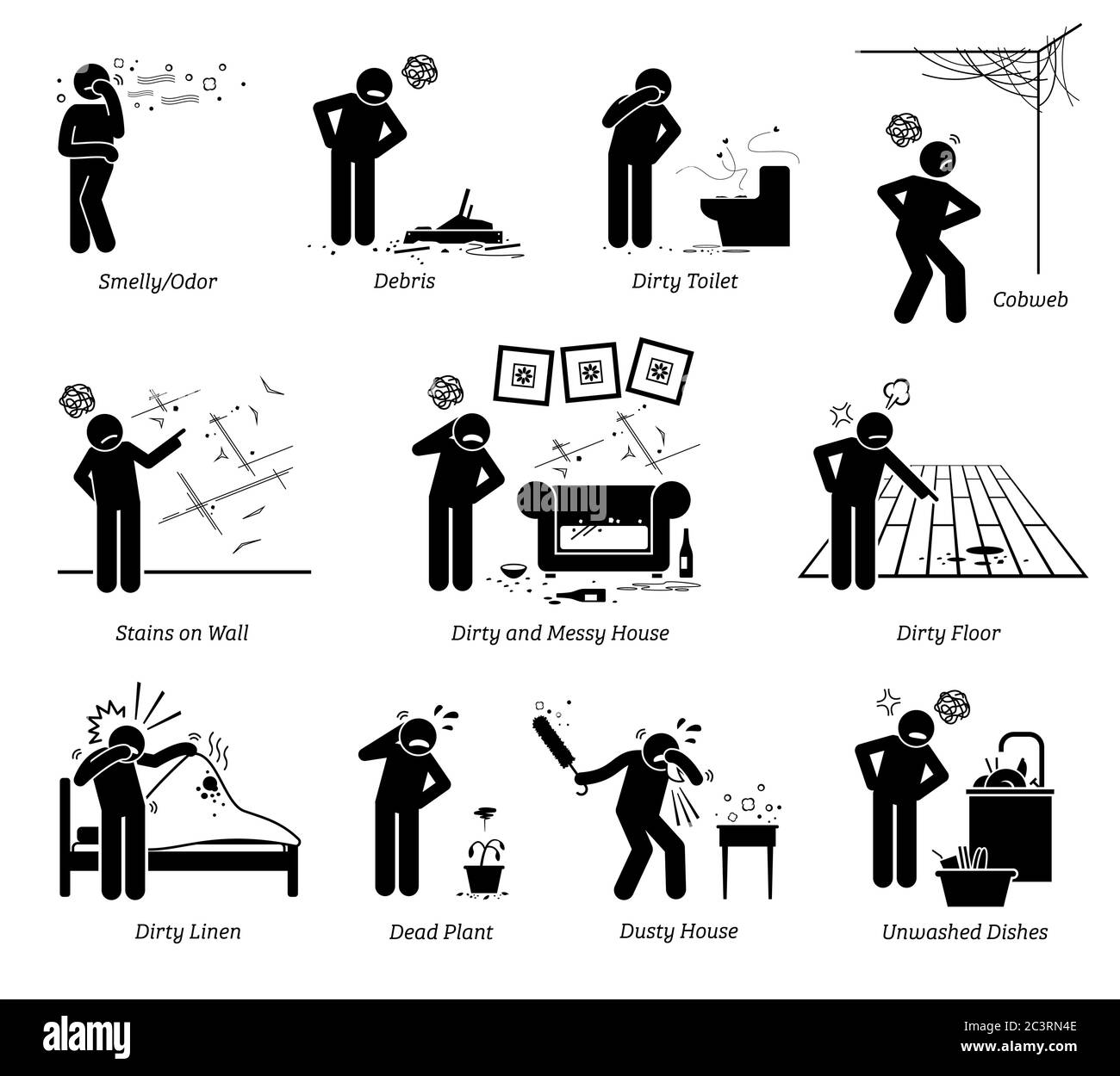 Dirty and messy house stick figure pictogram icons. Vector illustration of a person complaining about a poorly maintained house that is old, dirty, an Stock Vector