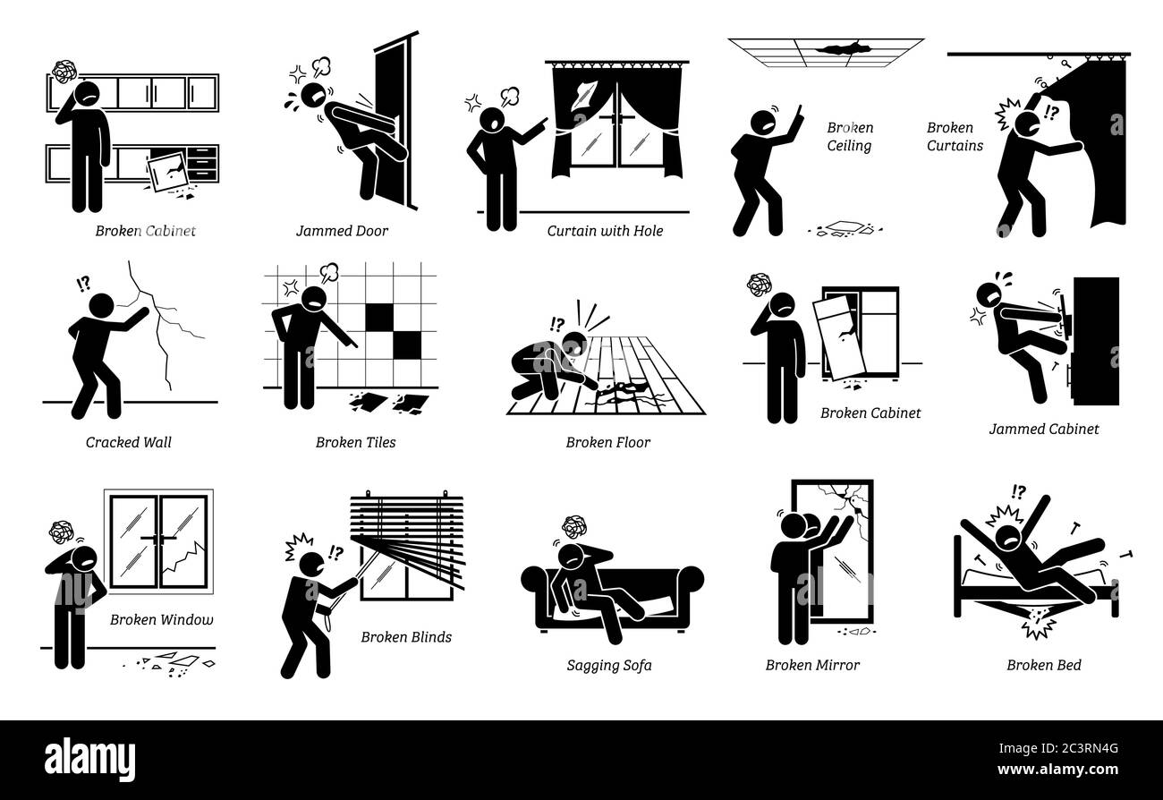 House defects issues and structural problems stick figure pictogram icons. Vector illustrations of a person unhappy and angry about home defects, spoi Stock Vector