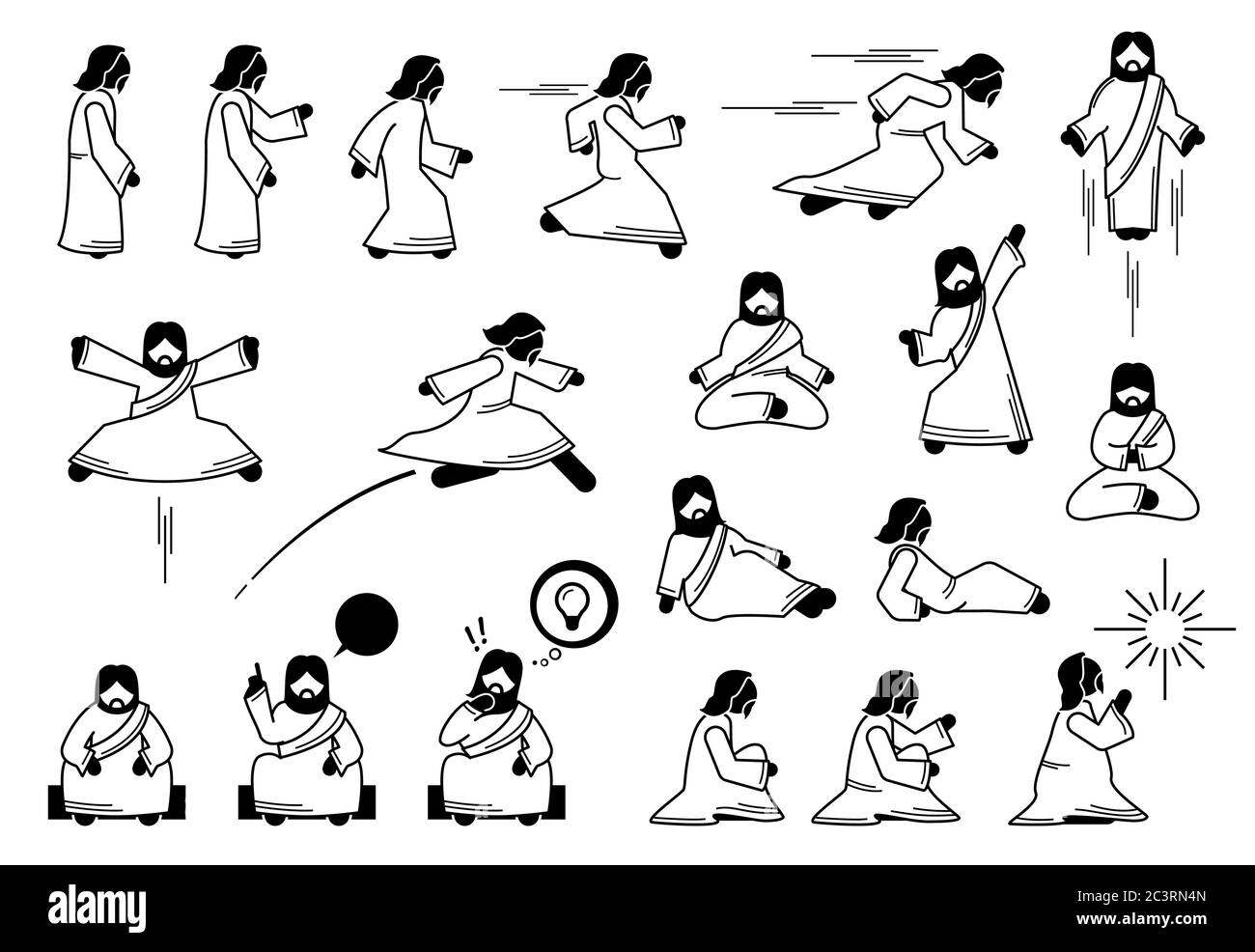Jesus Christ basic action postures and poses in icon pictogram. Stick figure set of Jesus Christ character standing, running, jumping, meditating, fly Stock Vector