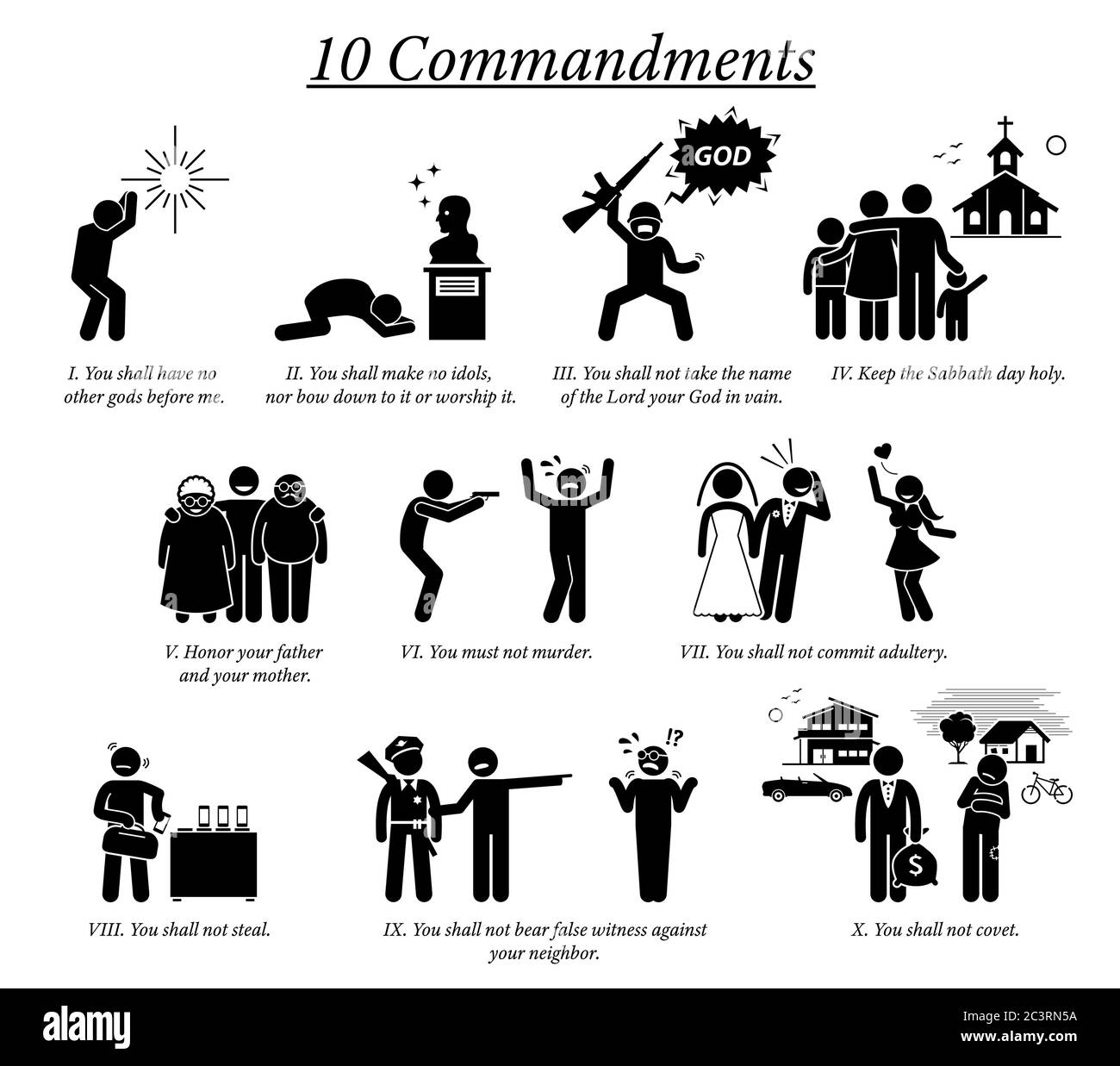 The 10 Commandment icons and pictogram. Illustration depict Ten Commandments teaching, beliefs, and moral value by Christian God religion. Stock Vector