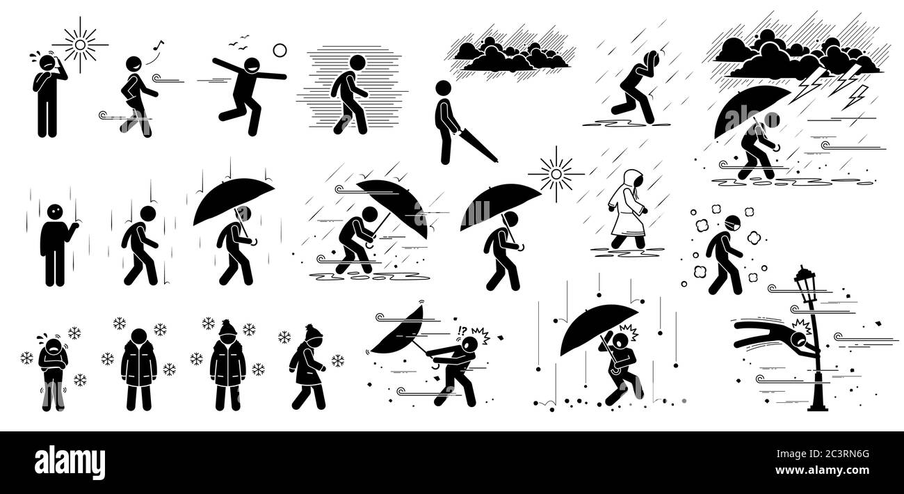 People react to weather conditions and climate in stick figure pictogram icons. Weathers are hot sunny day, breezy, strong wind, foggy, raining, thund Stock Vector