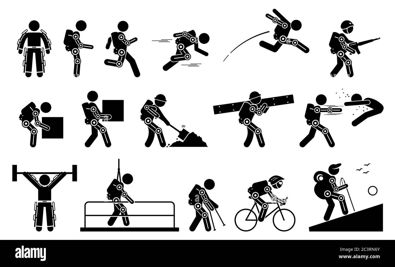 Human wearing futuristic exoskeleton body for bionic power stick figure pictogram icons. Vector illustrations of man with exoskeleton suit for strengt Stock Vector