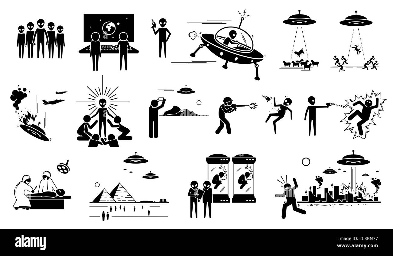 Alien UFO invasion on human in planet Earth. Vector illustration of alien abduct human and animals for experiment. Invader killing people and destroy Stock Vector
