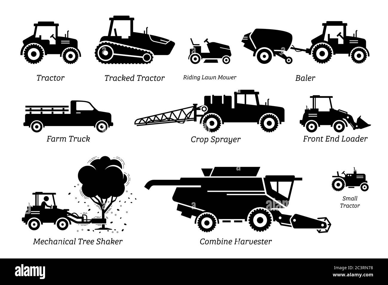 List of agriculture farming vehicles, tractors, trucks, and machines. Illustrations depict tractor, lawn mower, baler, farm truck, crop sprayer, front Stock Vector