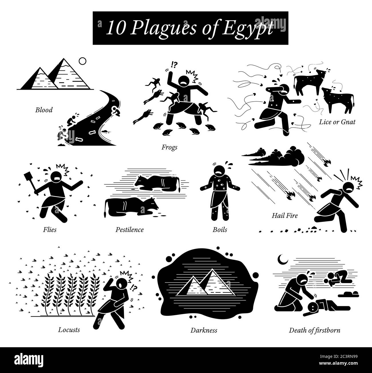 The Ten Plagues of Egypt icons and pictogram. Moses God punishments are river blood, frogs, lice or gnat, flies, pestilence, boils hail fire thunderst Stock Vector