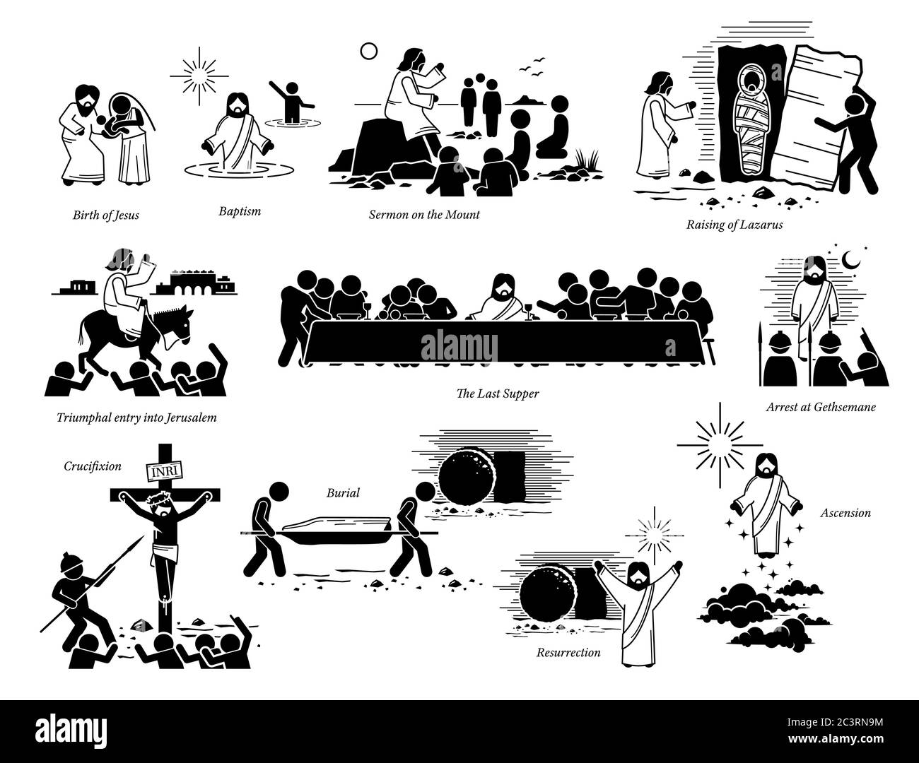 Life of Jesus Christ and important key events. Artwork of birth of Jesus, baptism, sermon on the mount, raising Lazarus, entry to Jerusalem, the last Stock Vector